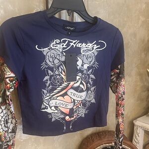 Ed Hardy Navy and Multicolor Graphic Top